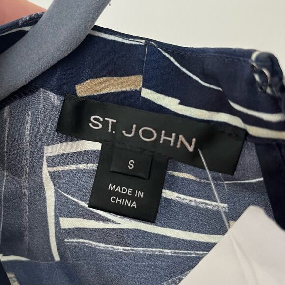 St. John 100% Silk Long Sleeve Faux Wrap Mini Dress, Artistic Pattern Blue S NWT - Picture 6 of 9